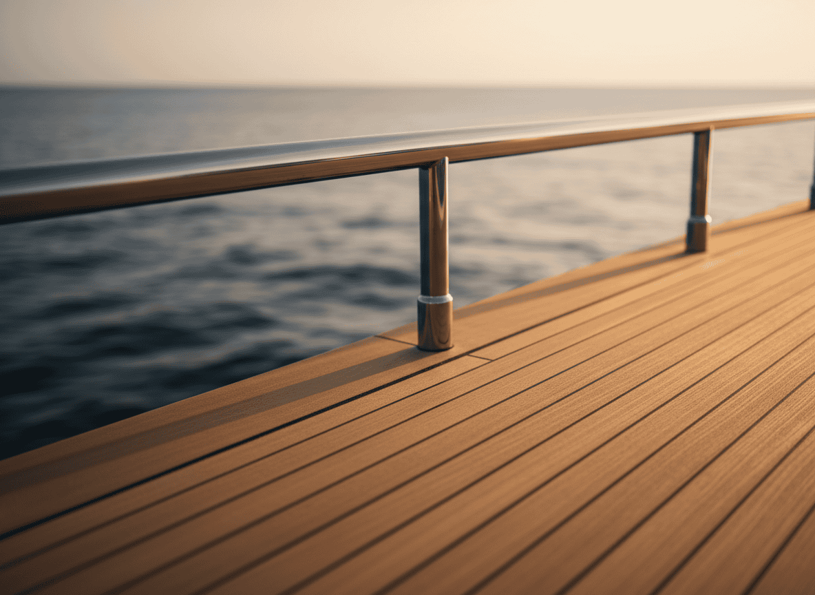Dettaglio del ponte in teak di uno yacht di lusso
