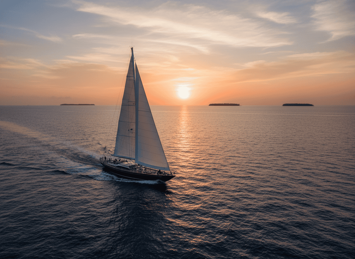 Uno yacht di lusso che naviga in mare aperto al tramonto, vela bianca piena, mare blu intenso, stile fotografico professionale